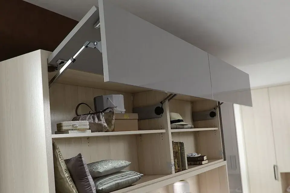 Como fitted wardrobe in Ash and Gloss Stone with open display shelving