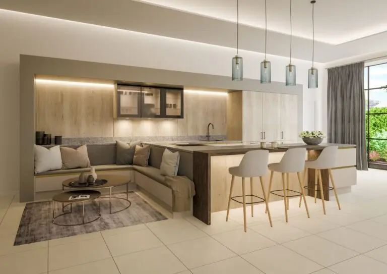 Daval Varenna kitchen in Alaskan Oak and Rio Talpa with lit island